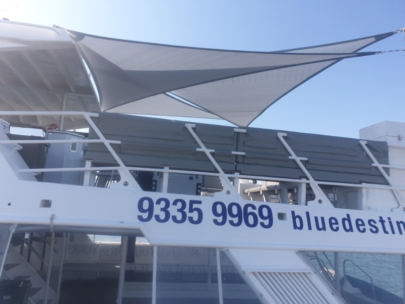 Blue Destiny marine shade sails in blue, Fremantle, Western Australia.